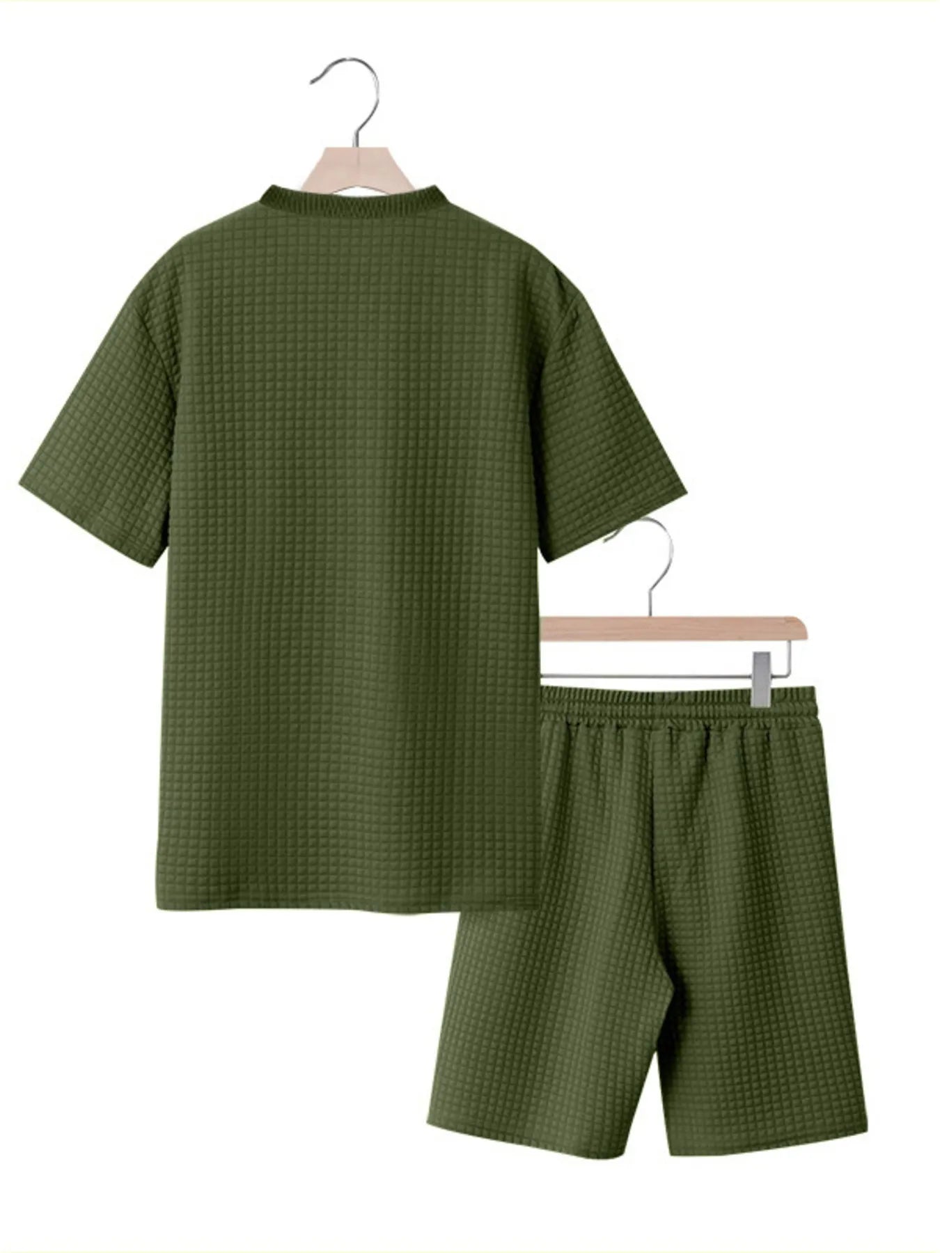 Close-up of the textured fabric on Men's Textured Round Neck Top and Shorts Set in Army Green.