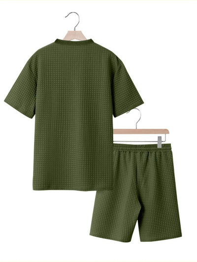 Close-up of the textured fabric on Men's Textured Round Neck Top and Shorts Set in Army Green.