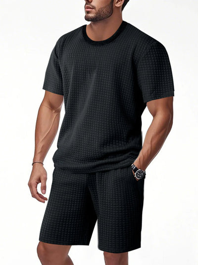Front view of Men's Textured Round Neck Top and Shorts Set in Black.