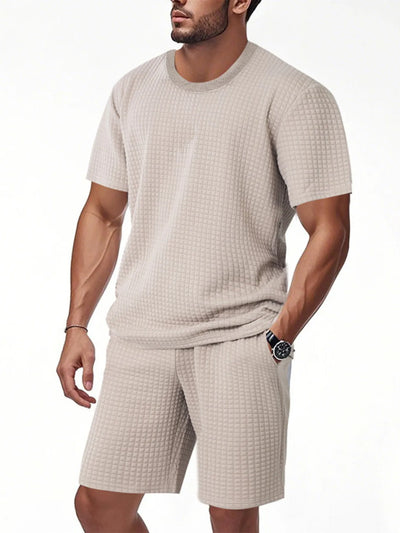 Front view of Men's Textured Round Neck Top and Shorts Set in Khaki.