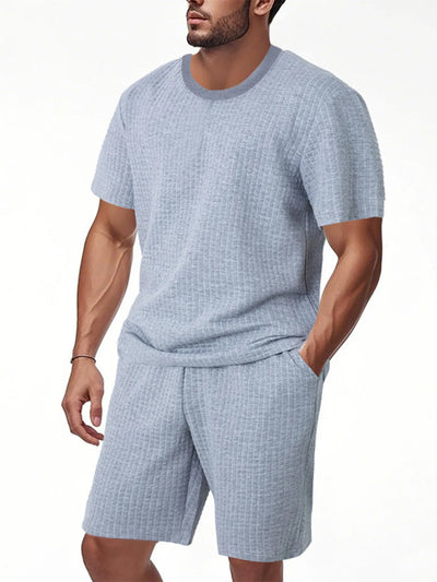 Front view of Men's Textured Round Neck Top and Shorts Set in Light Gray.