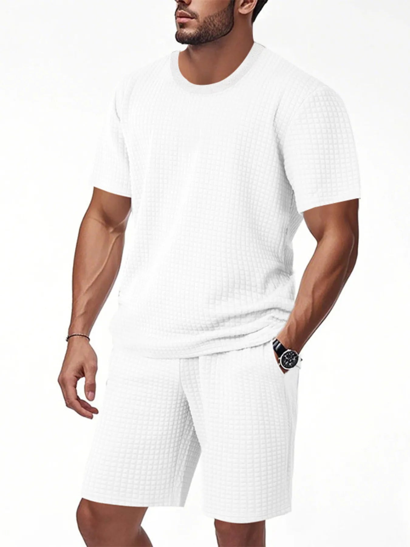 Front view of Men's Textured Round Neck Top and Shorts Set in White.
