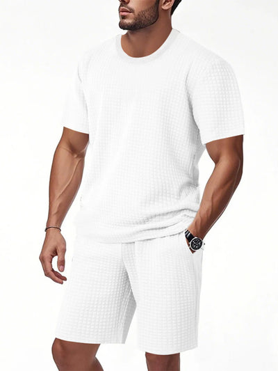 Front view of Men's Textured Round Neck Top and Shorts Set in White.