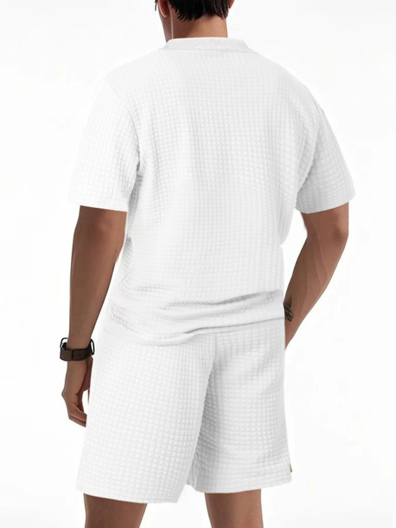 Side view showcasing the fit of Men's Textured Round Neck Top and Shorts Set in White.