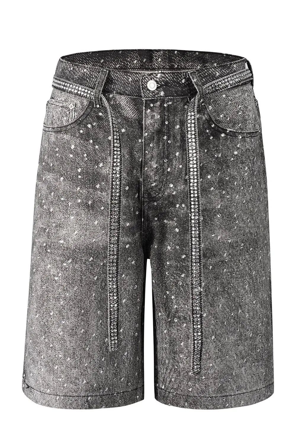 Front view of Men's Washed Rhinestone Denim Bermuda Shorts in Dark wash.