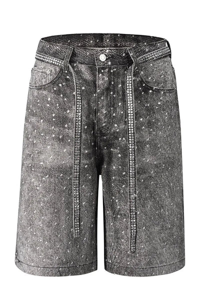 Front view of Men's Washed Rhinestone Denim Bermuda Shorts in Dark wash.
