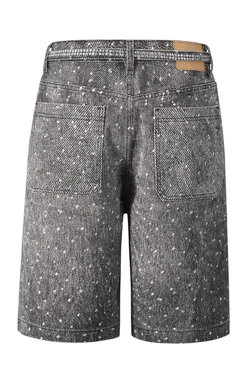 Side view showcasing the fit of Men's Washed Rhinestone Denim Bermuda Shorts in Dark wash.