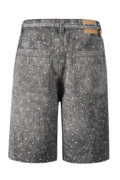 Side view showcasing the fit of Men's Washed Rhinestone Denim Bermuda Shorts in Dark wash.
