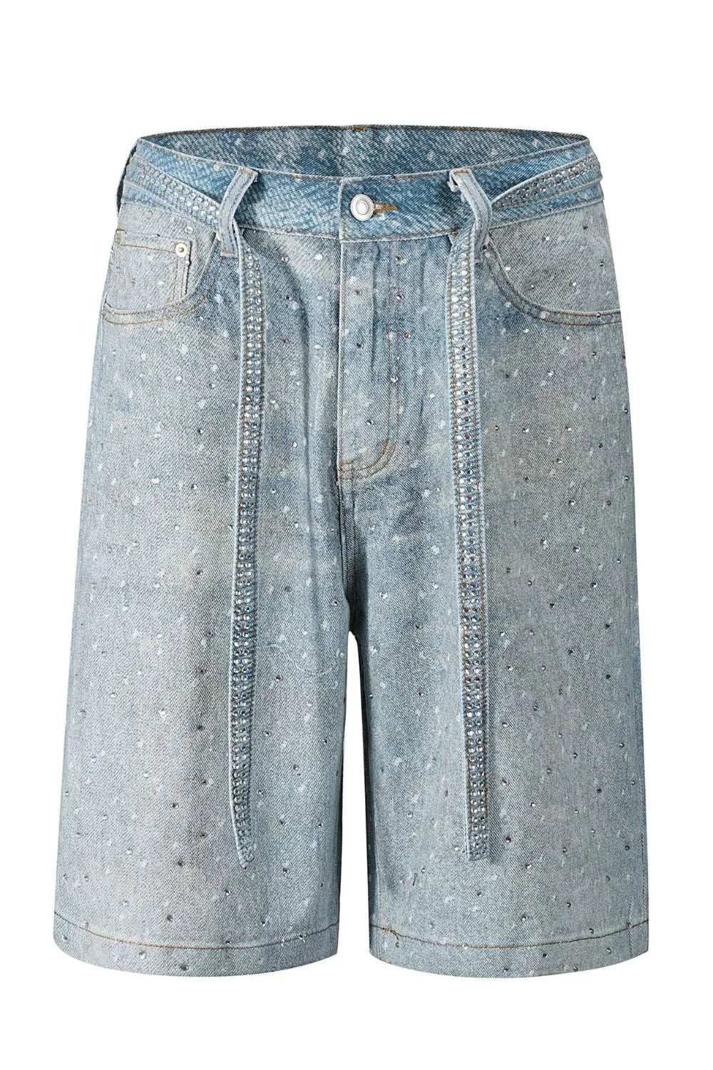 Front view of Men's Washed Rhinestone Denim Bermuda Shorts in Medium wash.