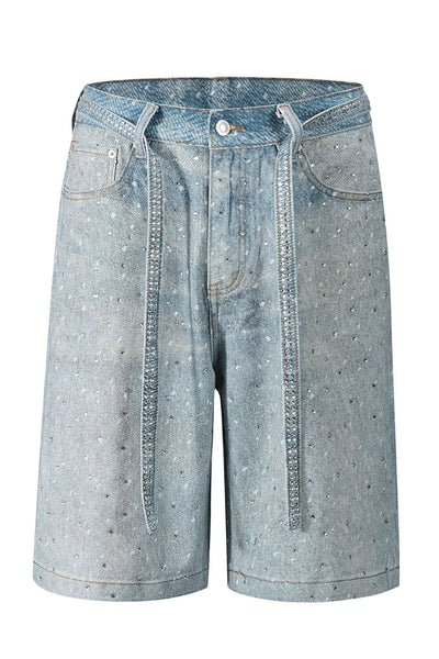 Front view of Men's Washed Rhinestone Denim Bermuda Shorts in Medium wash.