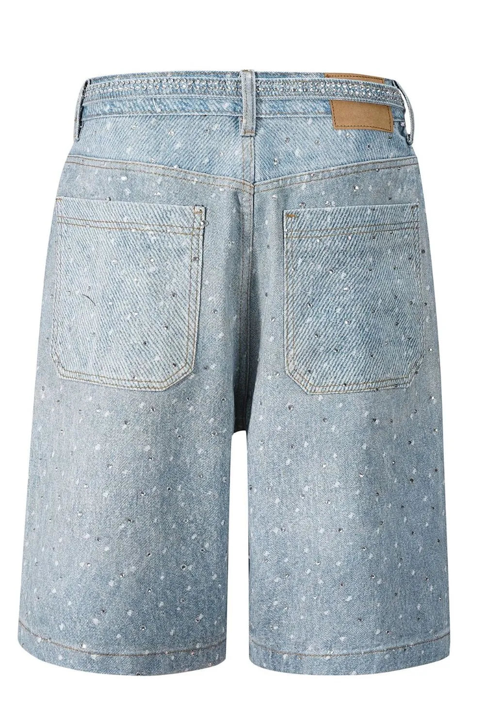 Side view showcasing the fit of Men's Washed Rhinestone Denim Bermuda Shorts in Medium wash.