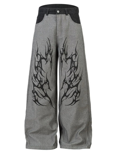 Front view of Men's Wide Leg Jeans in Grey with tribal design.