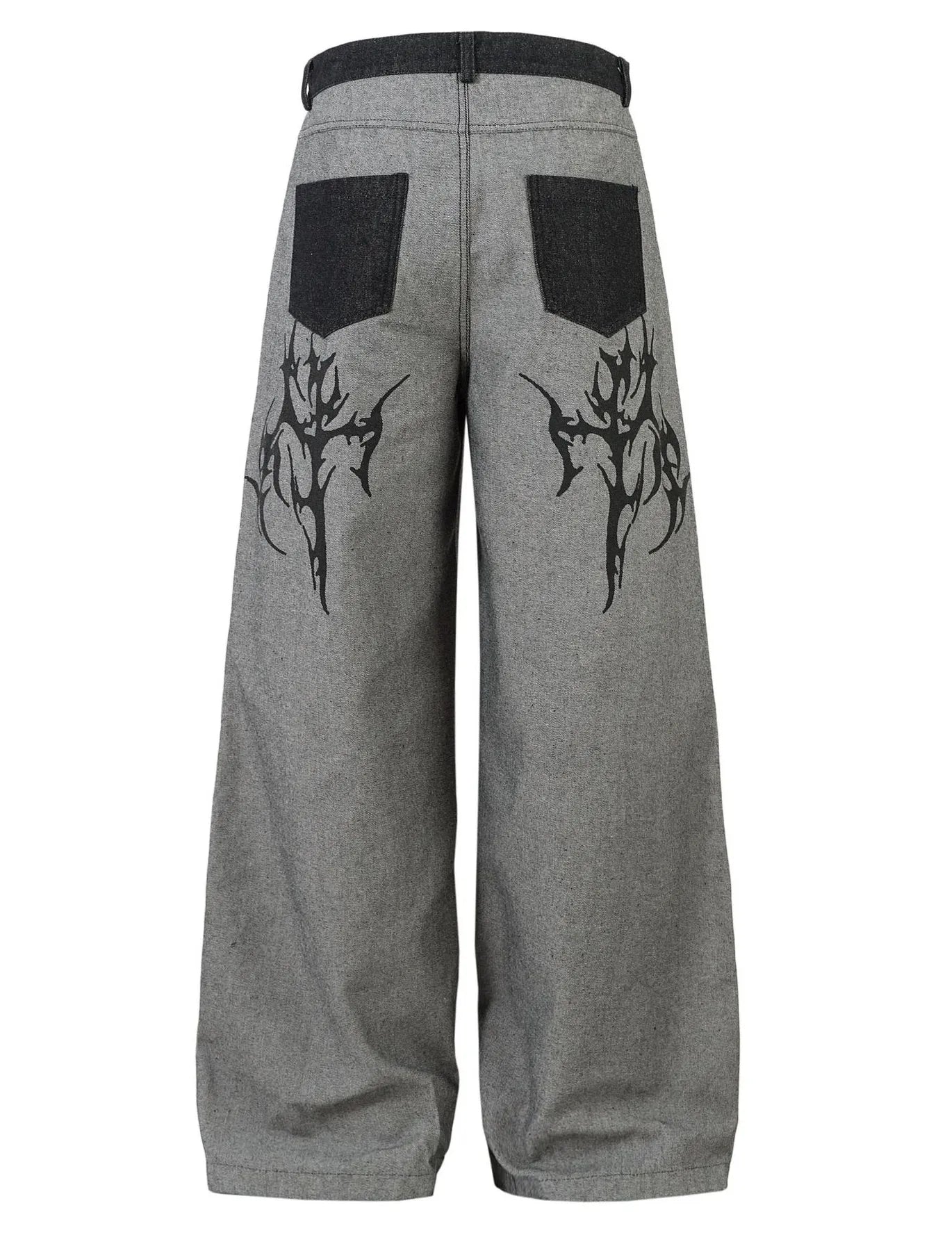 Side view showcasing the fit of Men's Wide Leg Jeans in Grey with tribal design.
