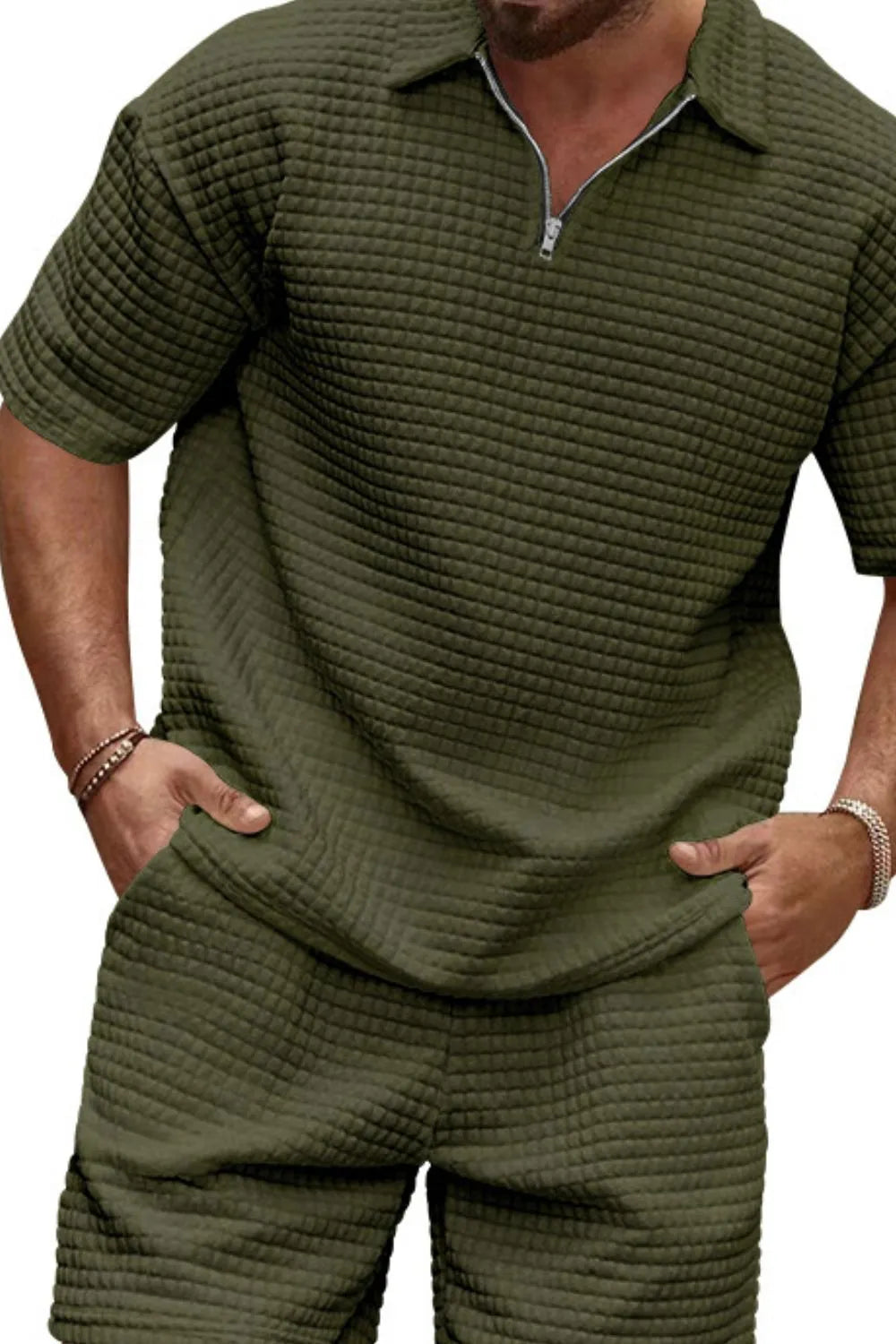 Front view of Men's Zip Collar Short Sleeve Top and Shorts Set in Army Green.