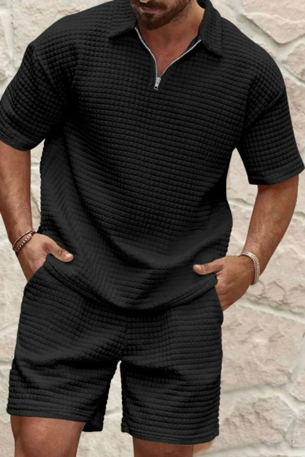 Front view of Men's Zip Collar Short Sleeve Top and Shorts Set in Black.