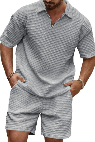 Front view of Men's Zip Collar Short Sleeve Top and Shorts Set in Grey.