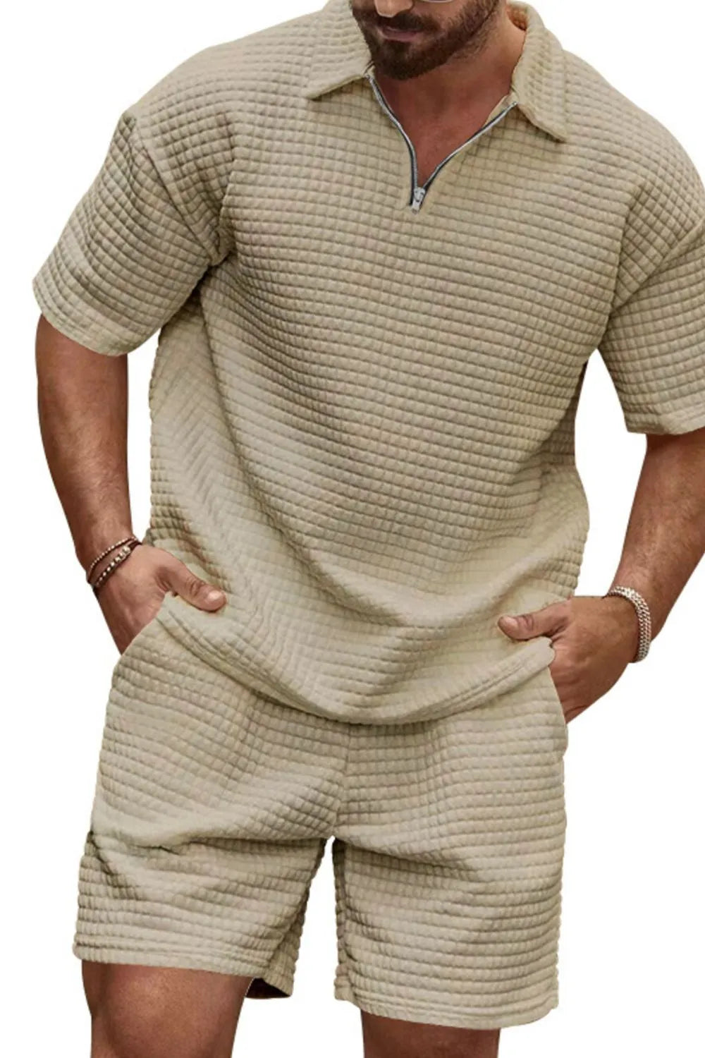 Front view of Men's Zip Collar Short Sleeve Top and Shorts Set in Khaki.