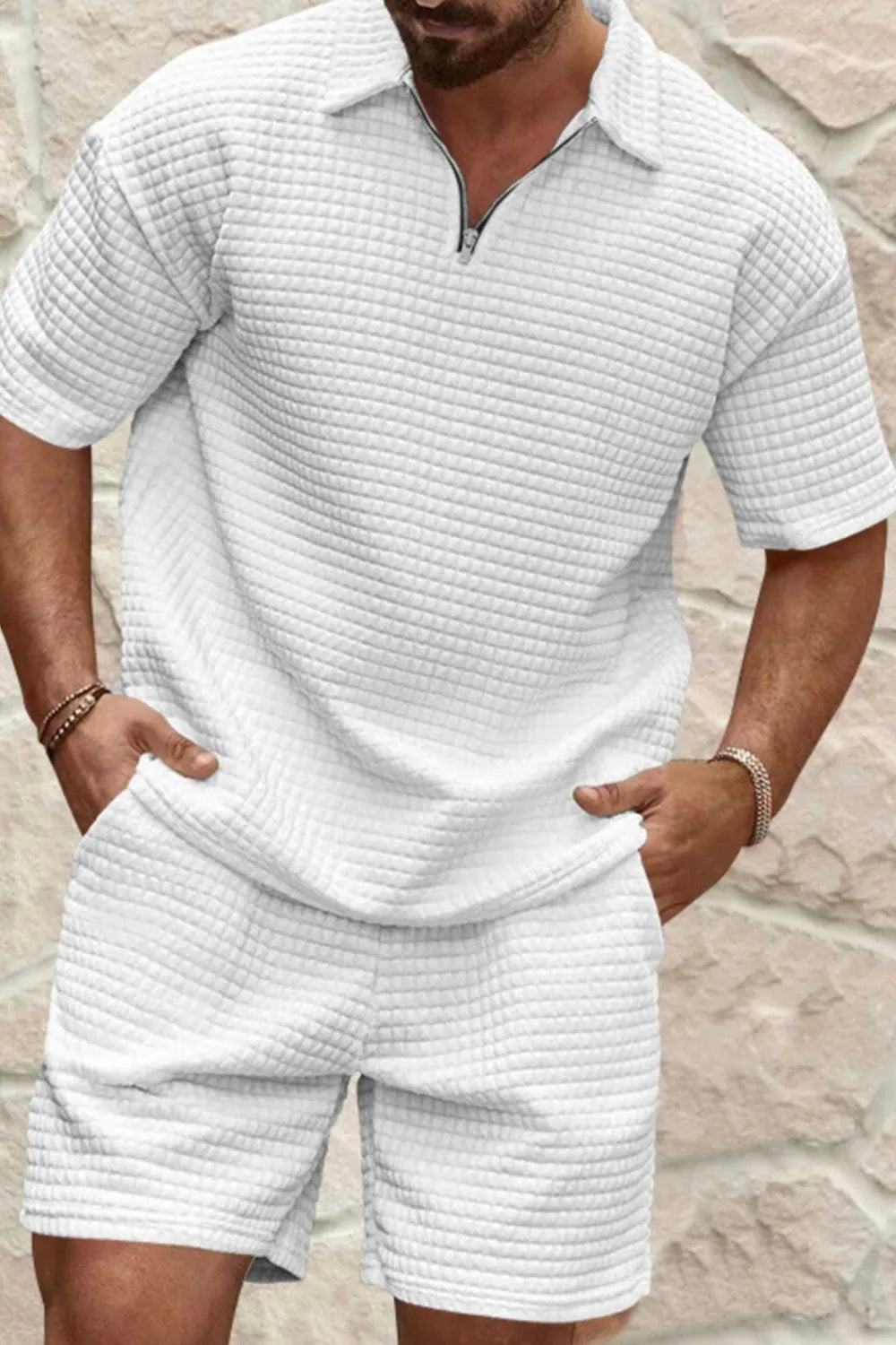 Front view of Men's Zip Collar Short Sleeve Top and Shorts Set in White.