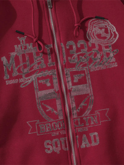 Model wearing Men's Zip-Up Hooded Jacket in Red.