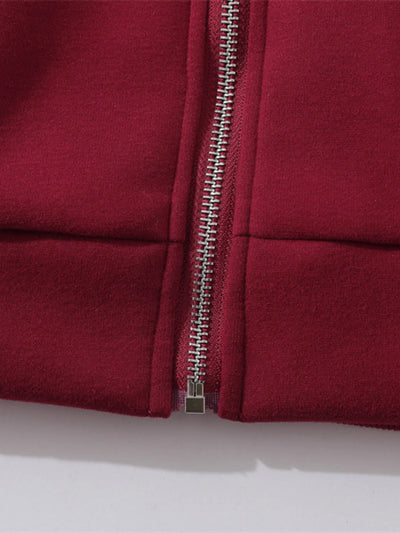 Side view showcasing the fit of Men's Zip-Up Hooded Jacket in Red with graphic design.