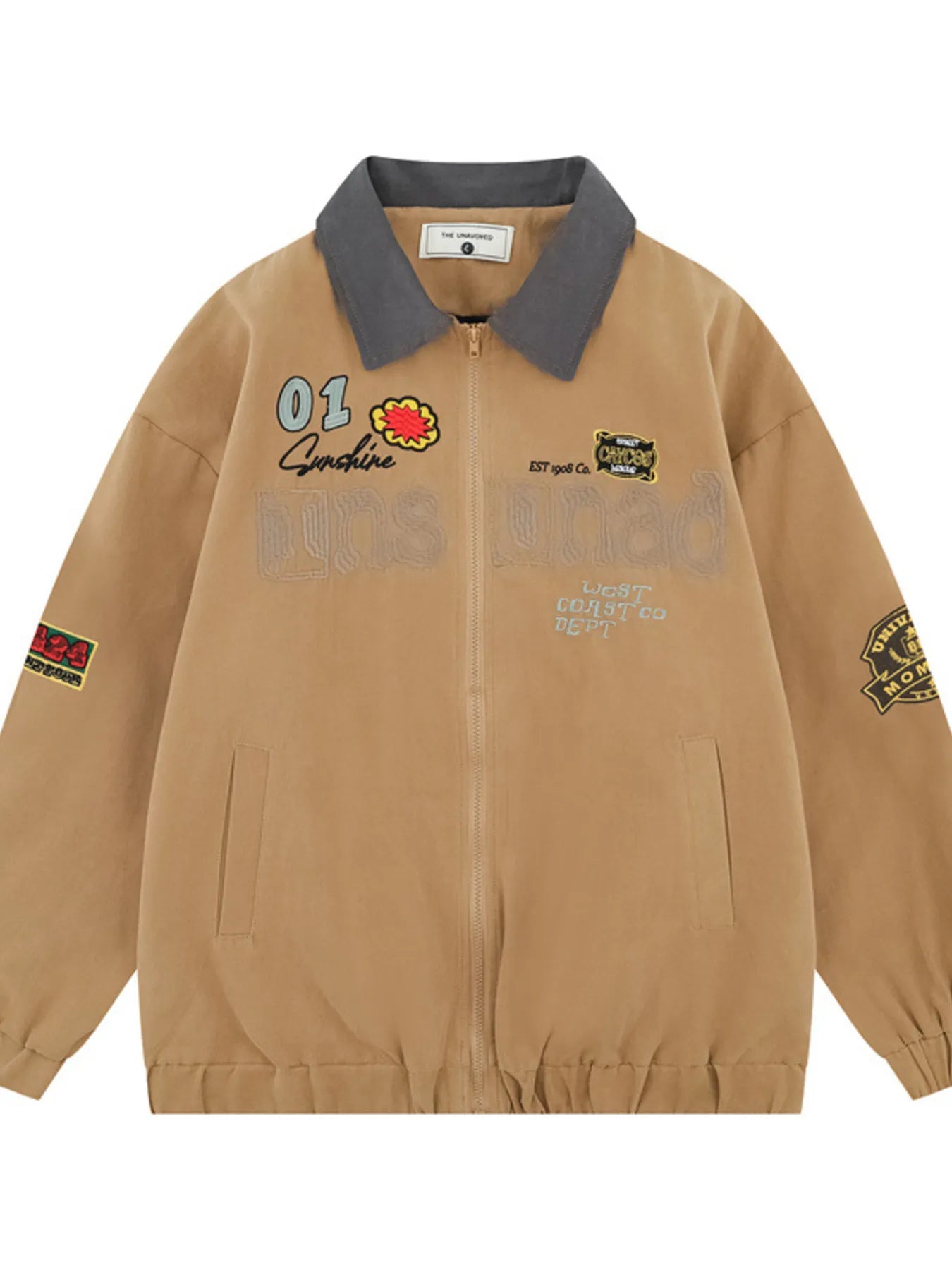 Back view highlighting the design of Men's Zip-Up Long Sleeve Jacket in Khaki.