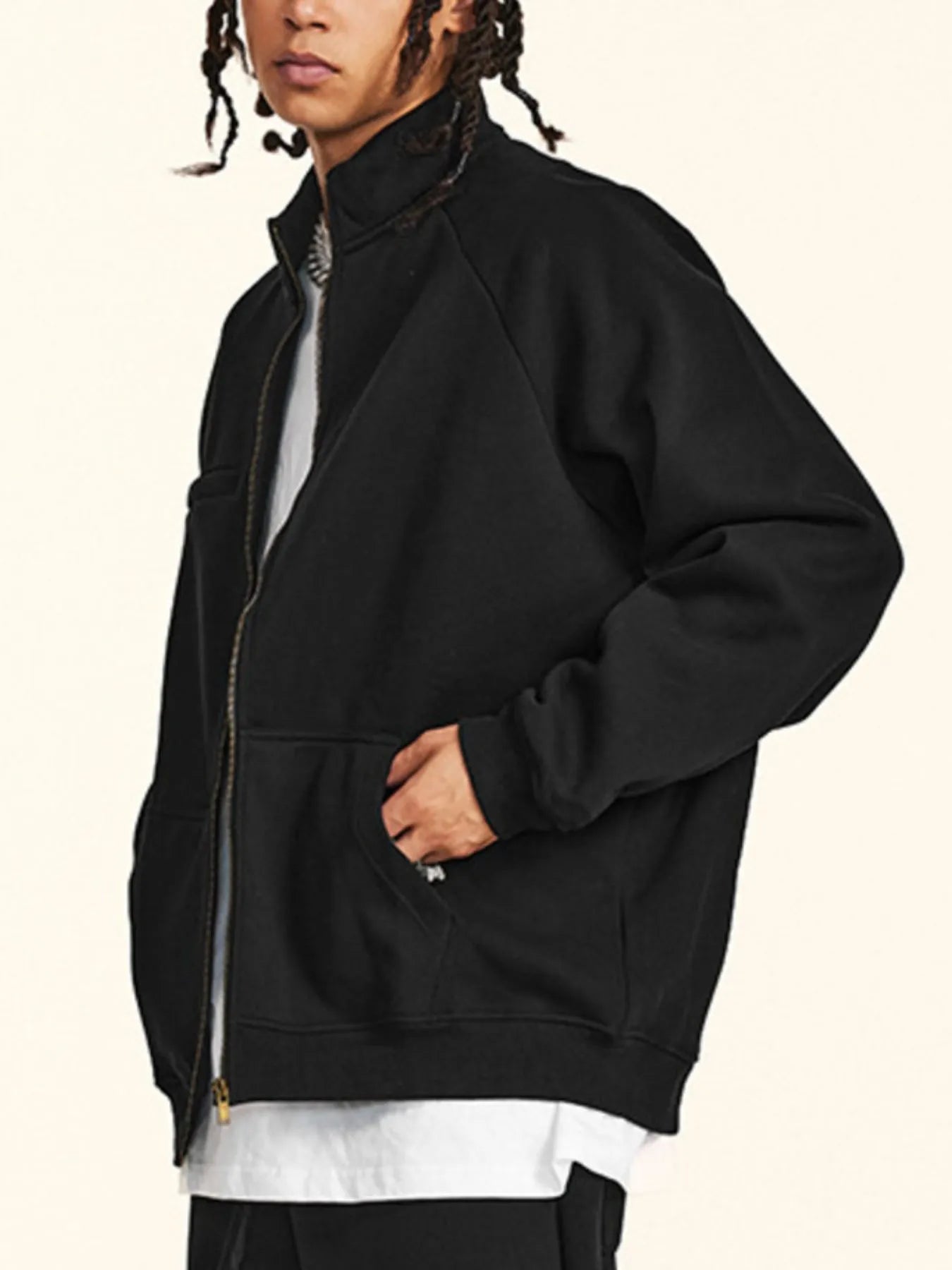 Close-up of the zipper detail on Men's Zip-Up Raglan Sleeve Sweatshirt in Black.