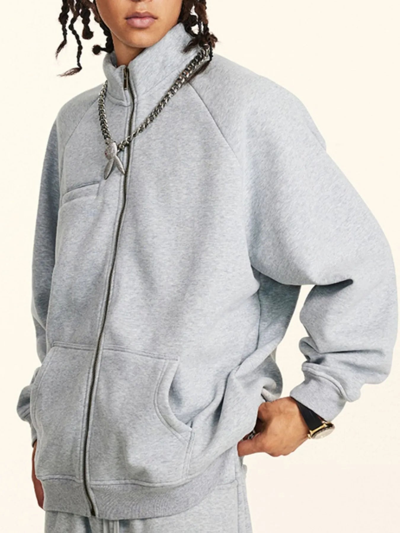 Front view of Men's Zip-Up Raglan Sleeve Sweatshirt in Gray.