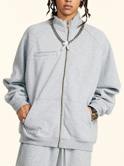 Side view showcasing the fit of Men's Zip-Up Raglan Sleeve Sweatshirt in Gray.
