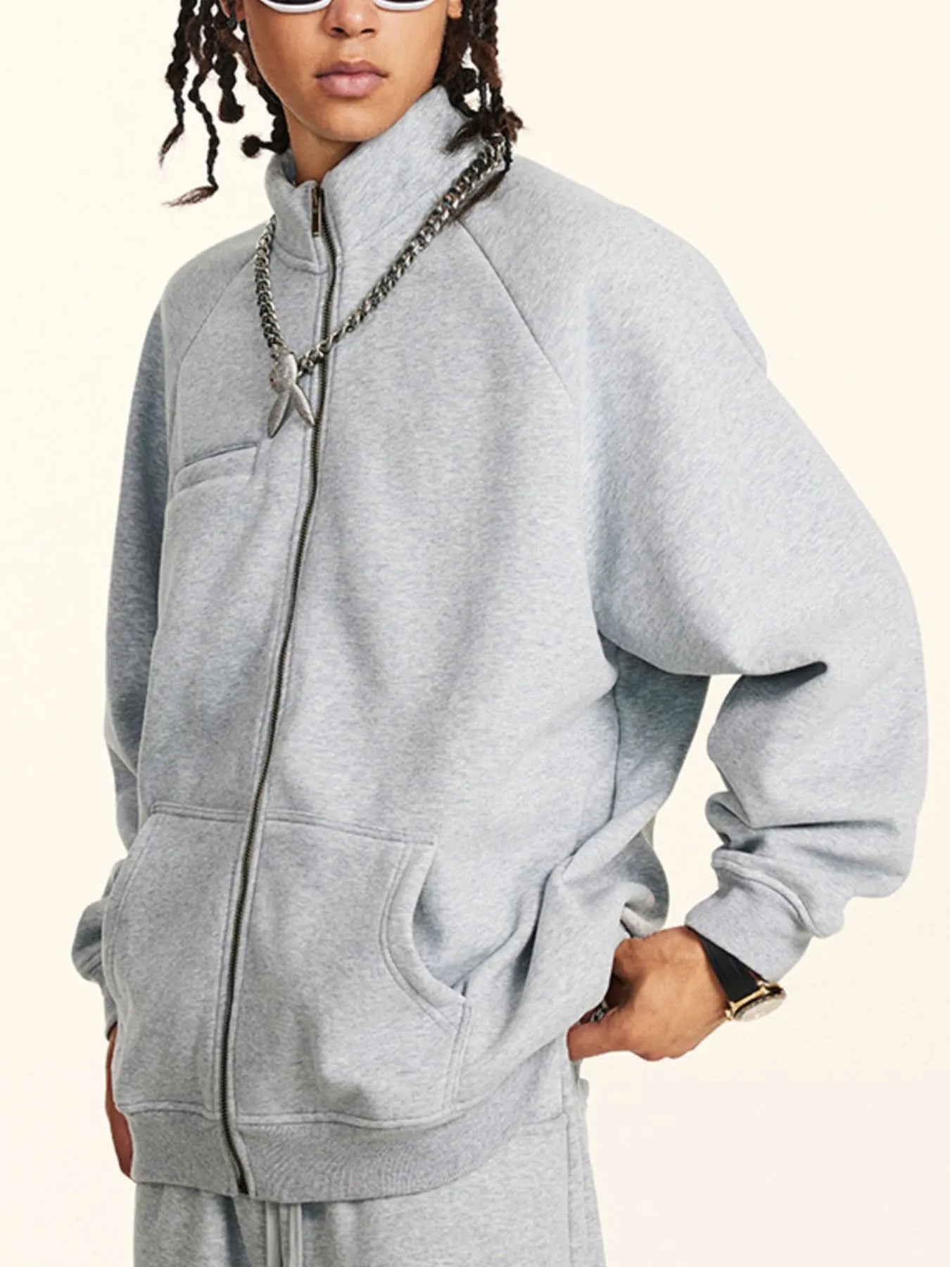 Back view highlighting the design of Men's Zip-Up Raglan Sleeve Sweatshirt in Gray.