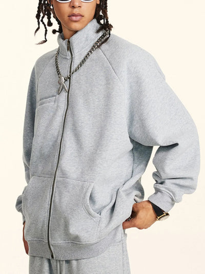 Back view highlighting the design of Men's Zip-Up Raglan Sleeve Sweatshirt in Gray.