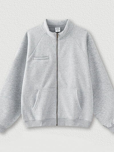 Flat lay of Men's Zip-Up Raglan Sleeve Sweatshirt in Gray.