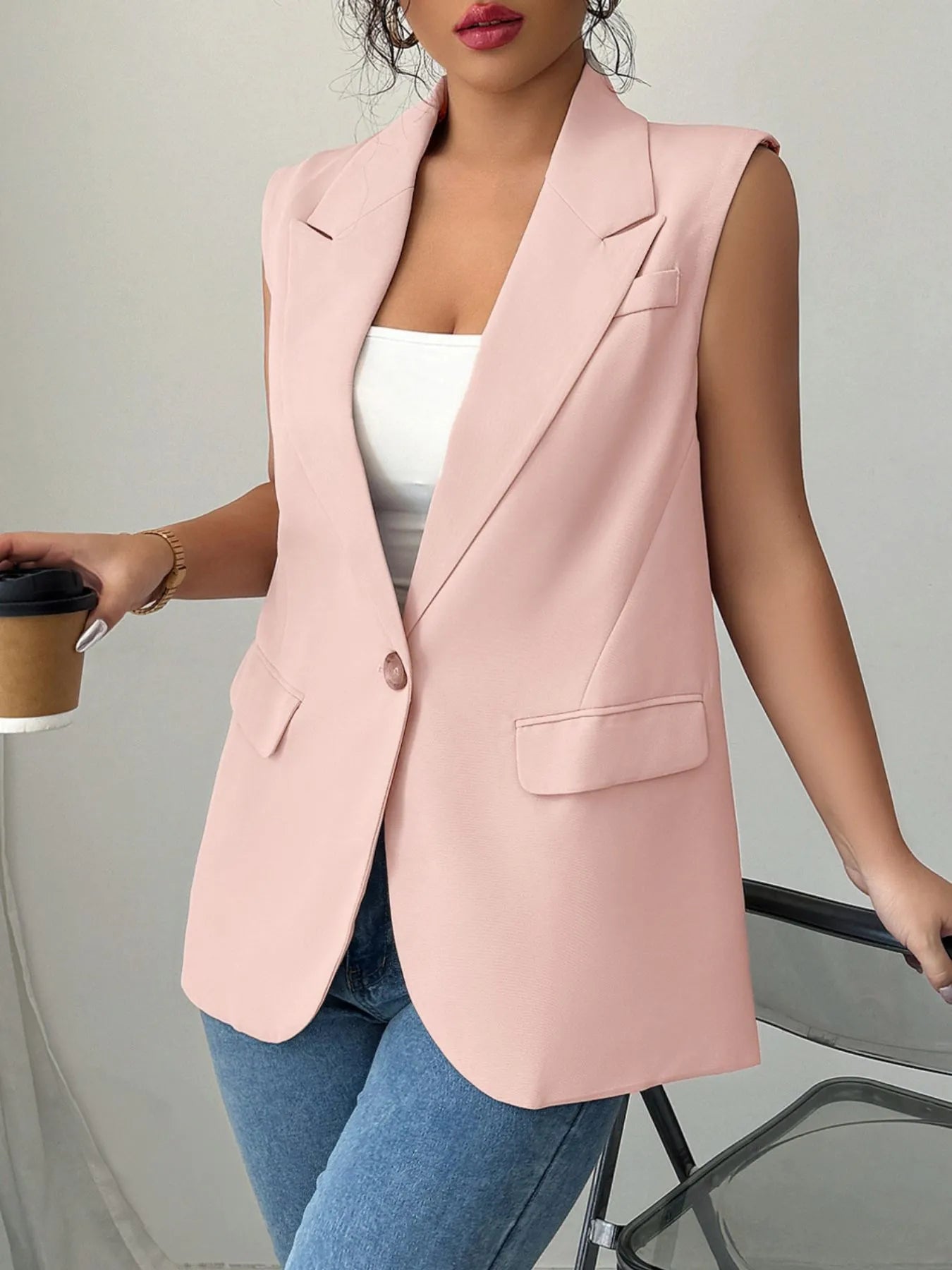 Front view of One Button Sleeveless Blazer in Pale Blush.