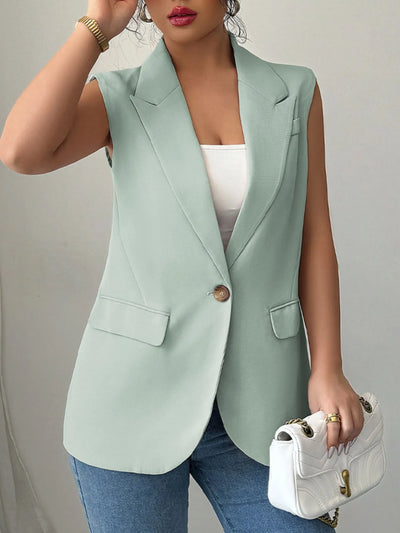 Front view of One Button Sleeveless Blazer in Sage.
