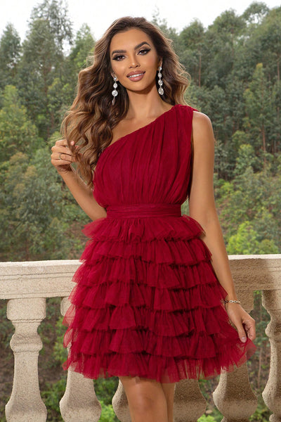 Front view of one-shoulder sleeveless dress in red