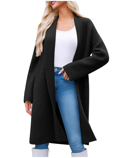 Front view of open-front longline coat in black