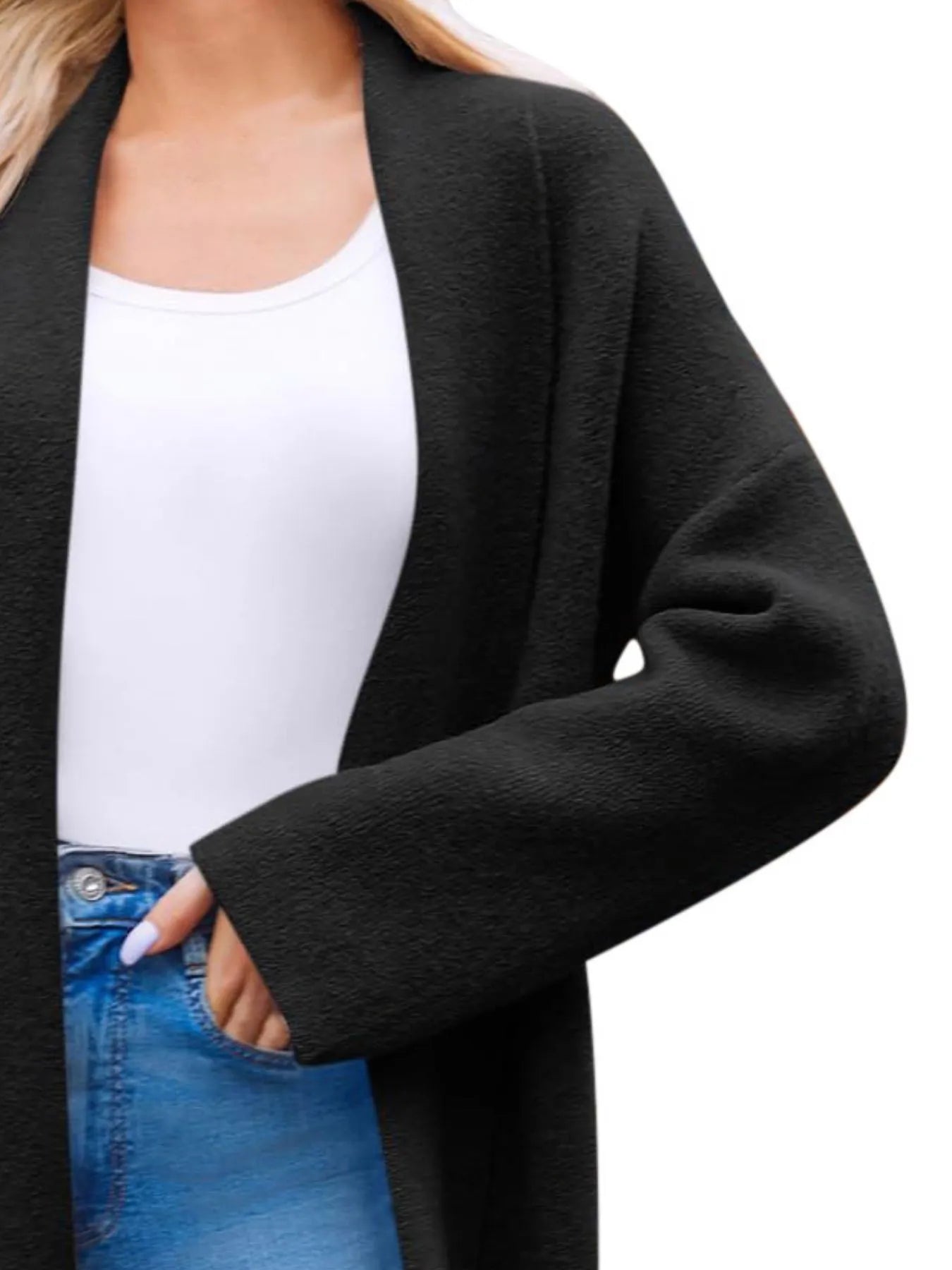 Side view of open-front longline coat in black