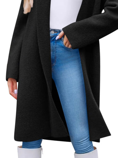 Back view of open-front longline coat in black