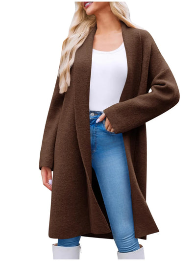 Front view of open-front longline coat in brown