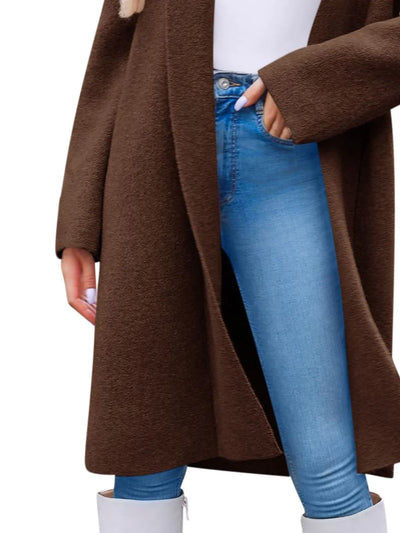 Side view of open-front longline coat in brown