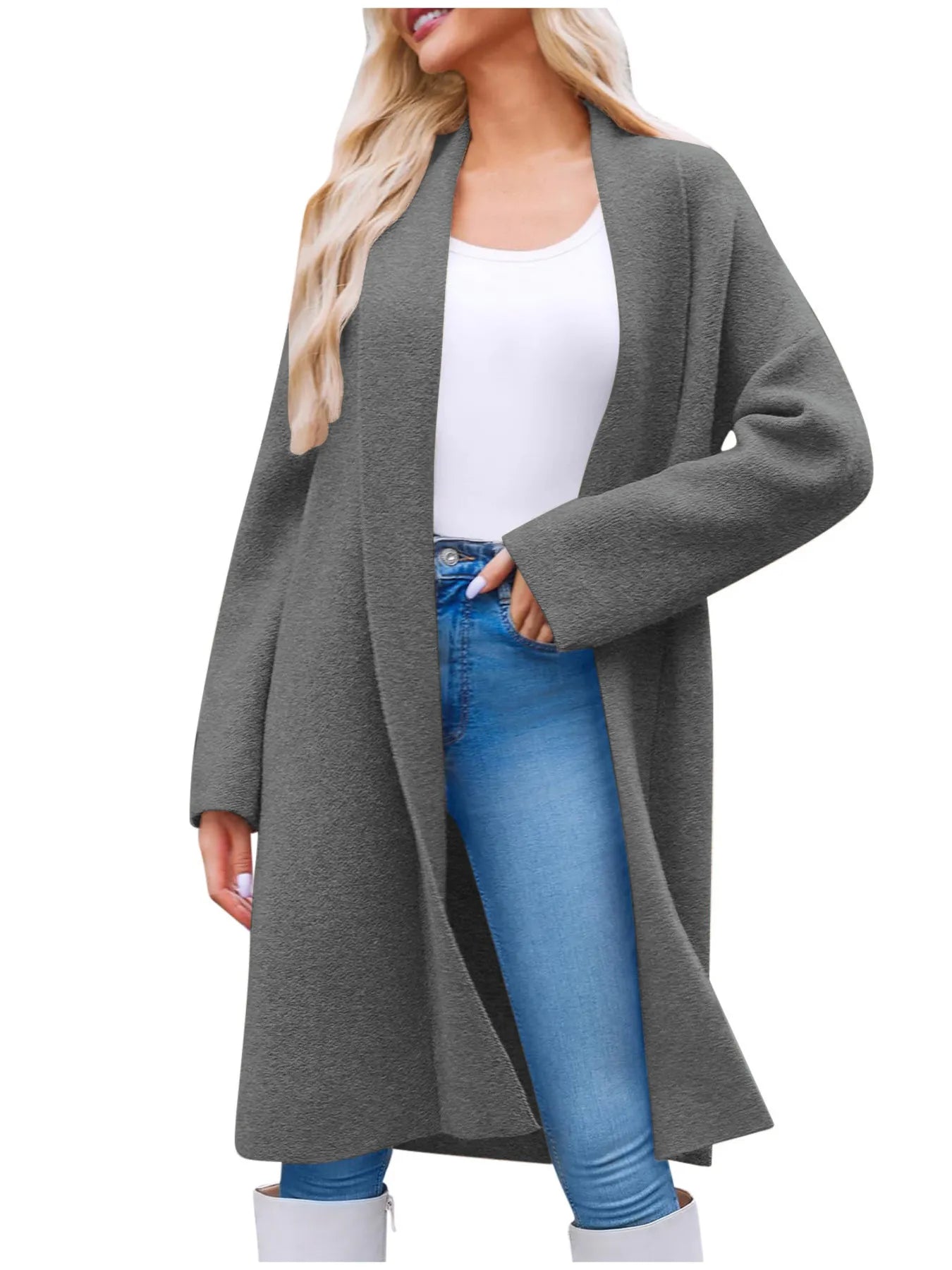 Front view of open-front longline coat in dark gray