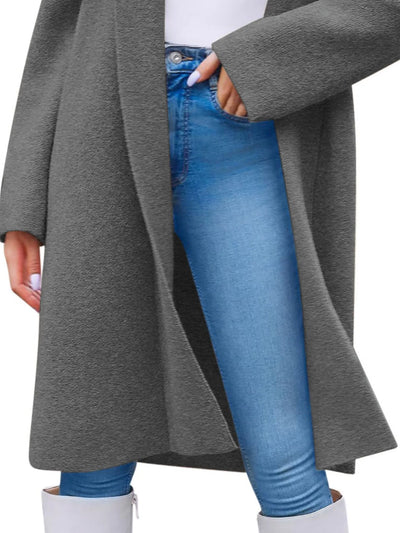Side view of open-front longline coat in dark gray