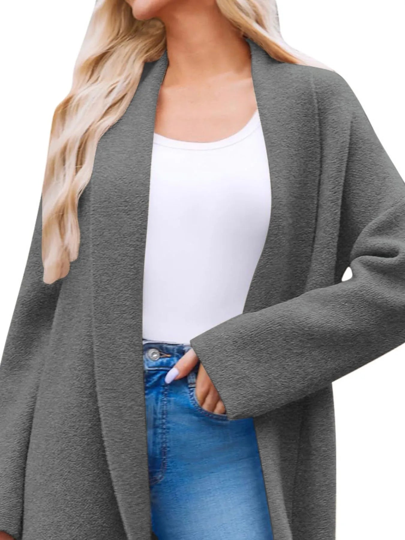 Back view of open-front longline coat in dark gray