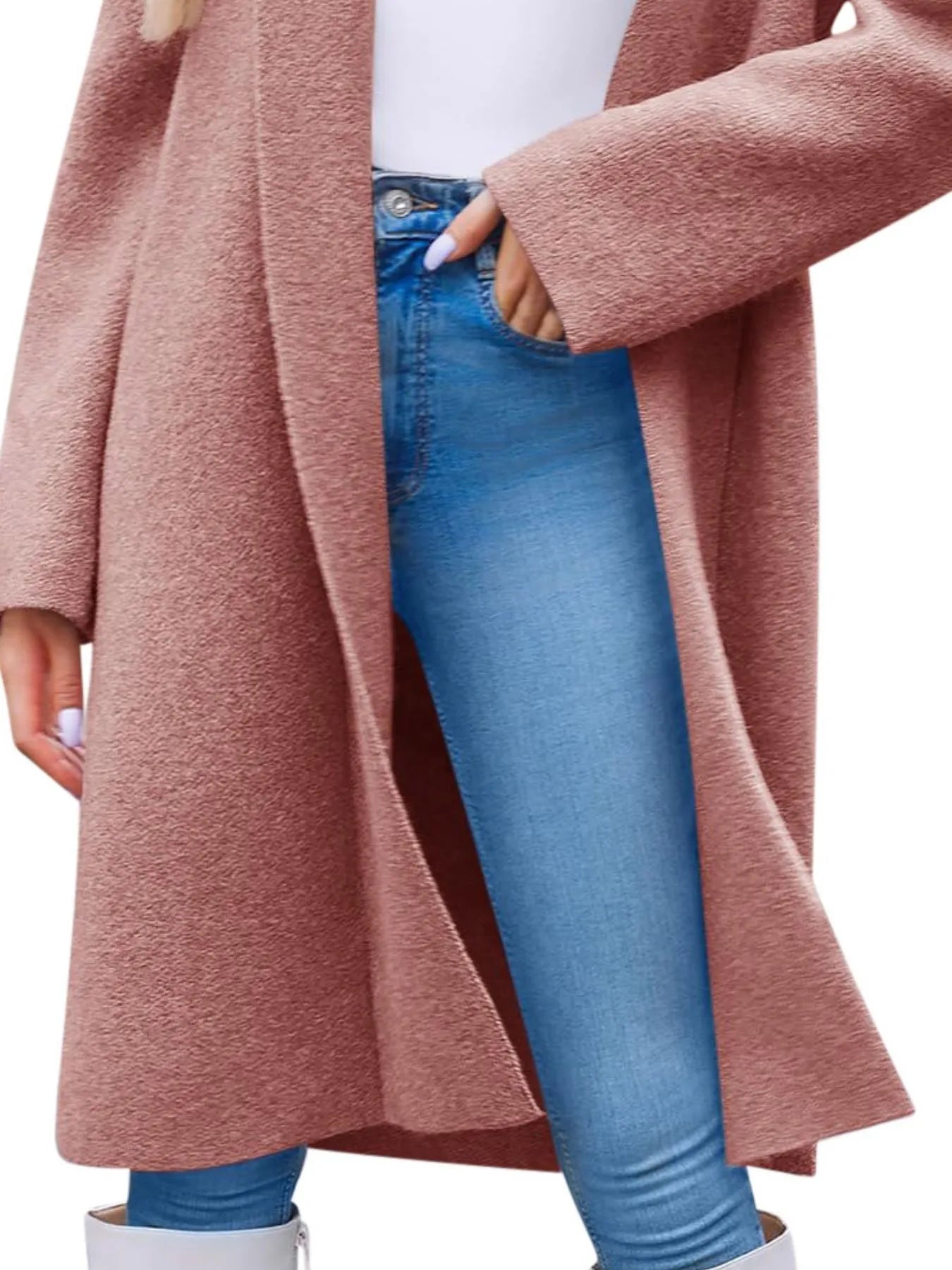 Side view of open-front longline coat in pink