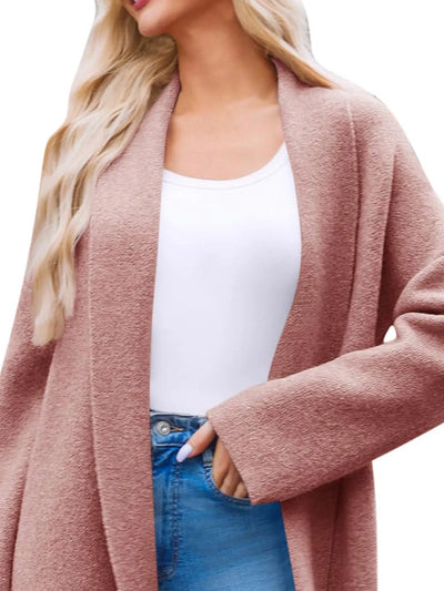 Back view of open-front longline coat in pink