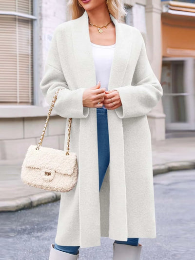 Front view of open-front longline coat in white