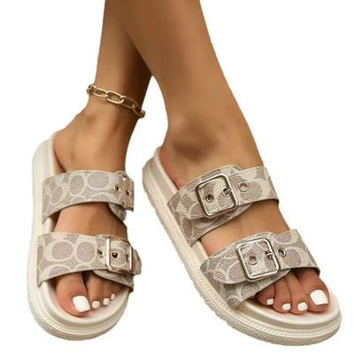 Back view of beige open toe double buckle sandals