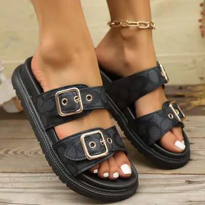 Black open toe double buckle sandals — side view