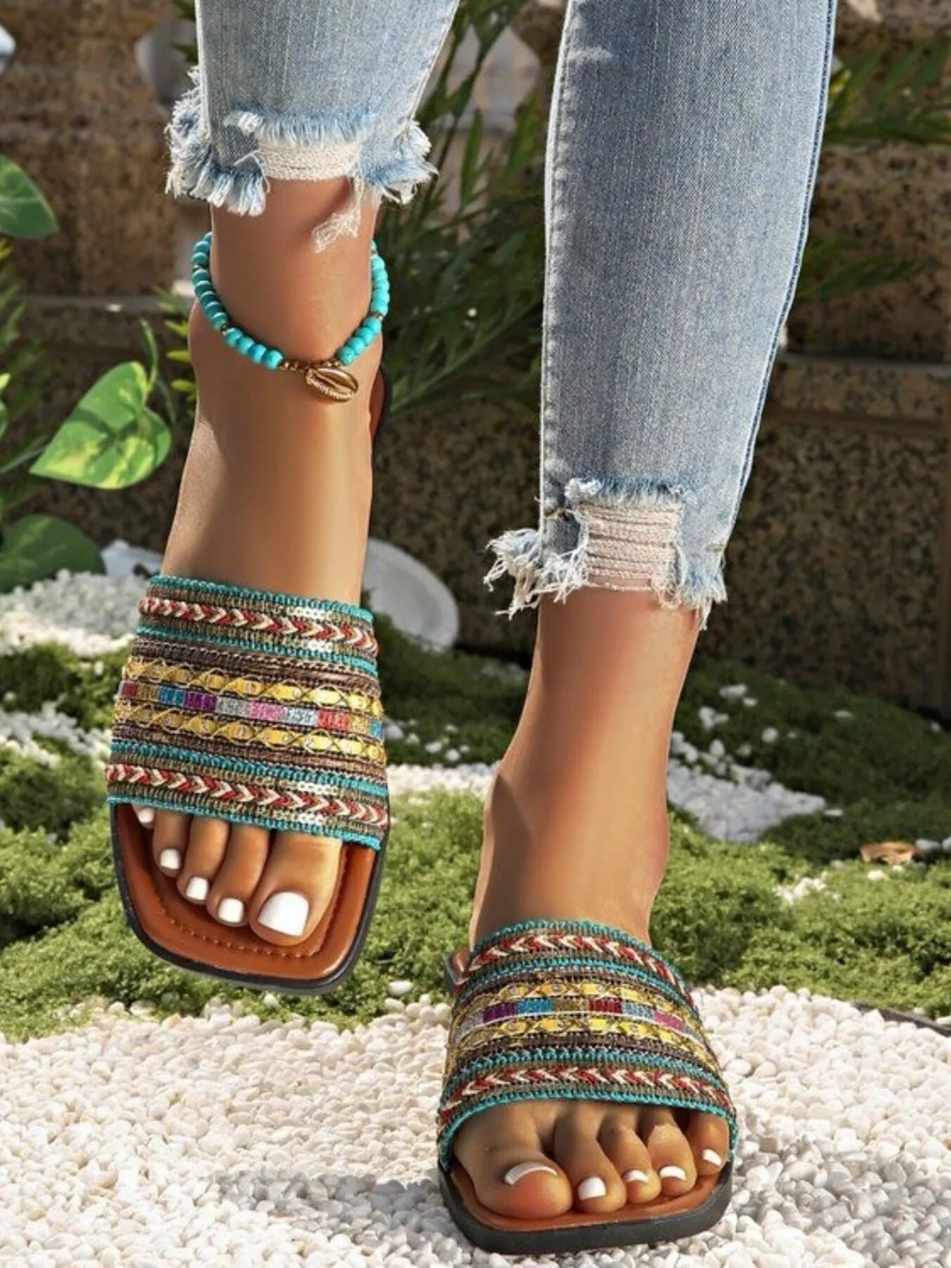 Open toe flats sandals in sky blue — front view