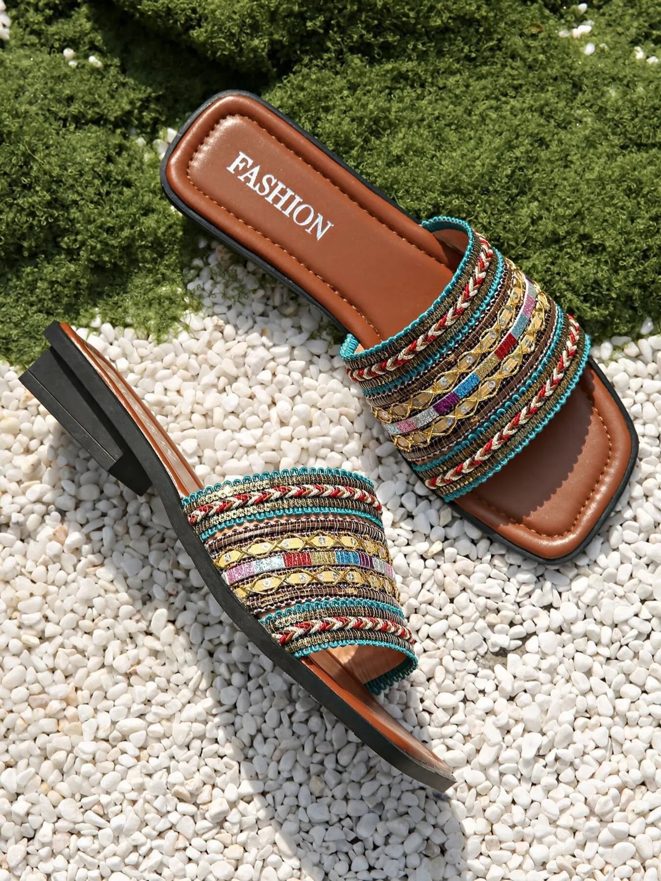 Open toe flats sandals in sky blue — side view