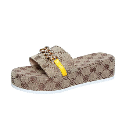 Side view of open toe platform sandals in khaki